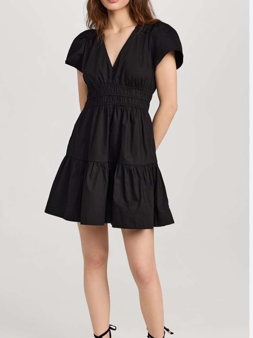 Marea Anna Black Short Tiered V-Neck Dress